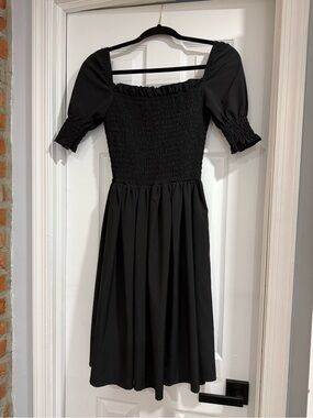 Deandri Black Smocked Midi Dress with Puff Sleeves